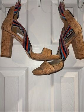 Jessica Simpson Cork Block Heel Sandals with Blue and Red Straps